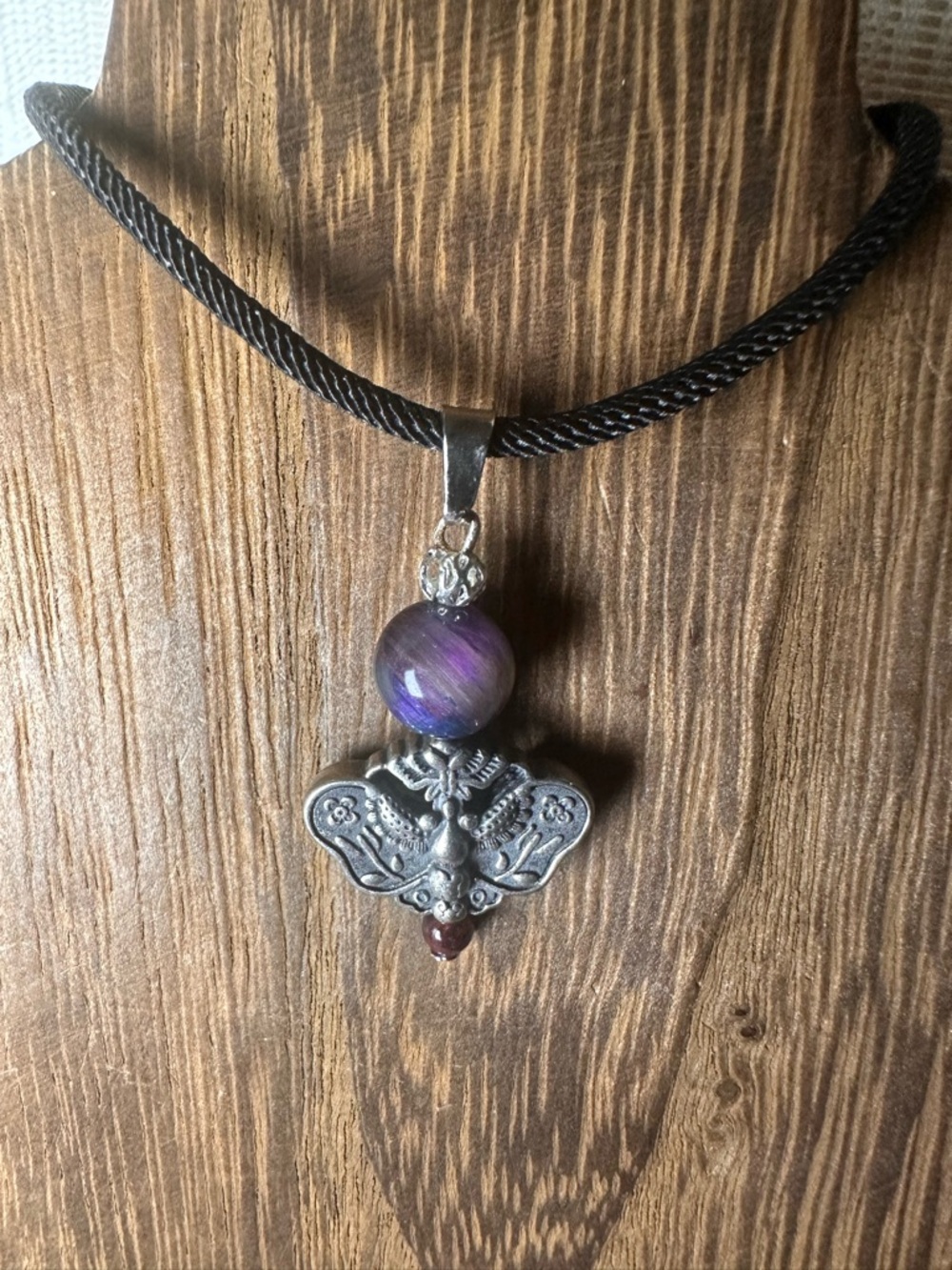 Silver Moth Charm Pendant Necklace with Garnet and Mystic Tiger’s Eye on Rope - Picture 10 of 12